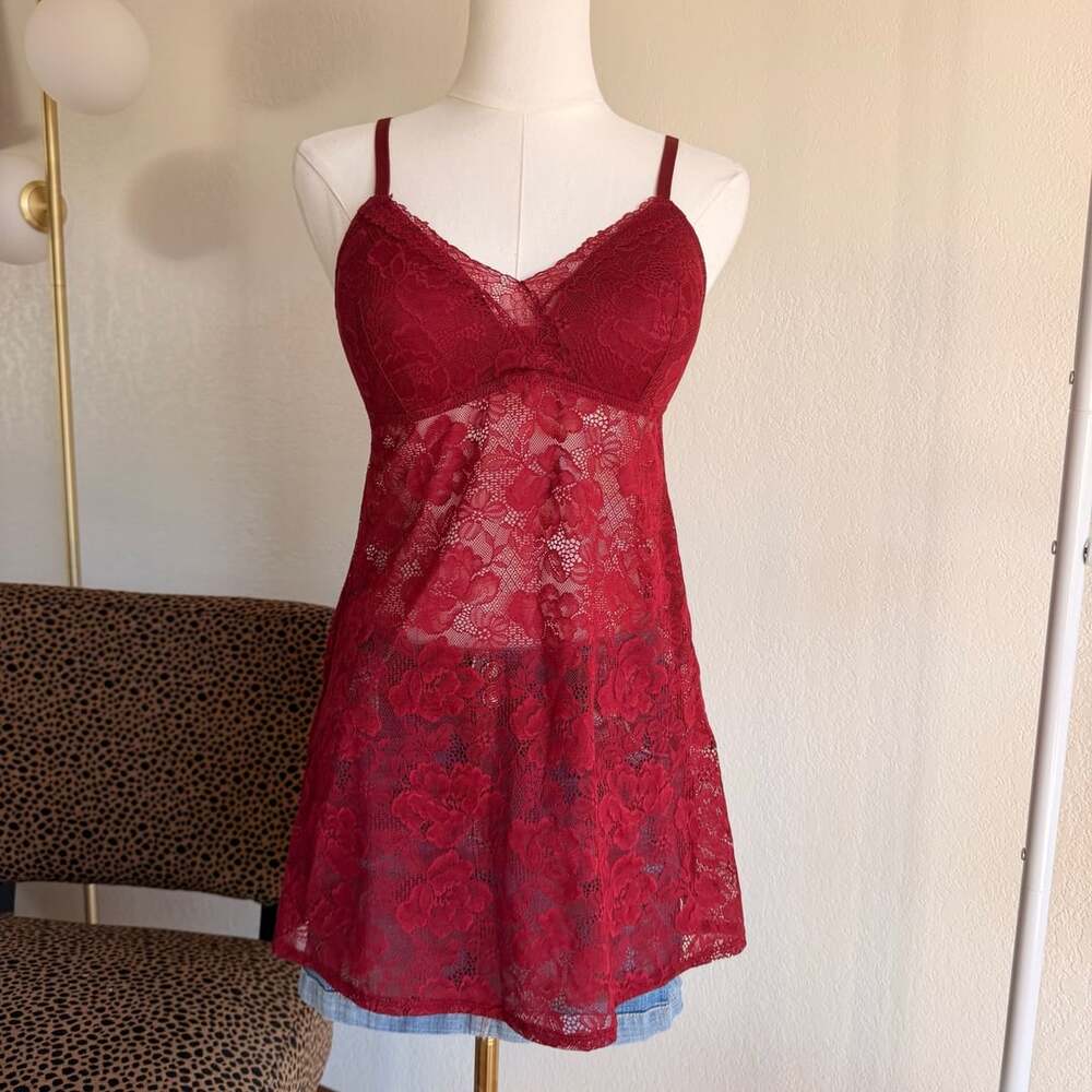 Red Lace Babydoll Lingerie Chemise Built in Bra Open Back Top